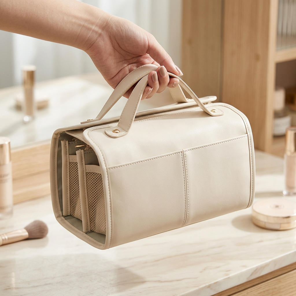 COLOUR:Beige - makeup bag held in a hand showing size and carry handle