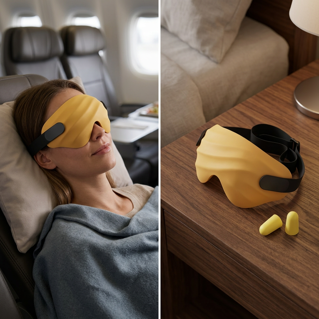 COLOUR:Yellow - sleep mask resting on a bedside table beside earplugs