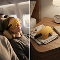 COLOUR:Yellow - contoured sleep mask worn by someone sleeping on a plane