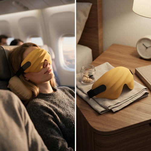 COLOUR:Yellow - contoured sleep mask worn by someone sleeping on a plane
