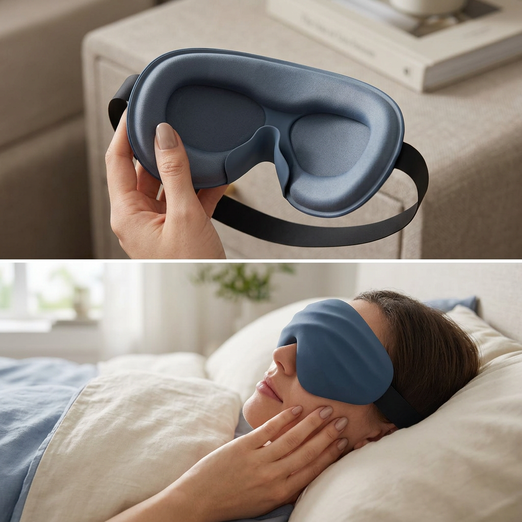 COLOUR:Blue - contoured sleep mask held in a hand showing the inner cups