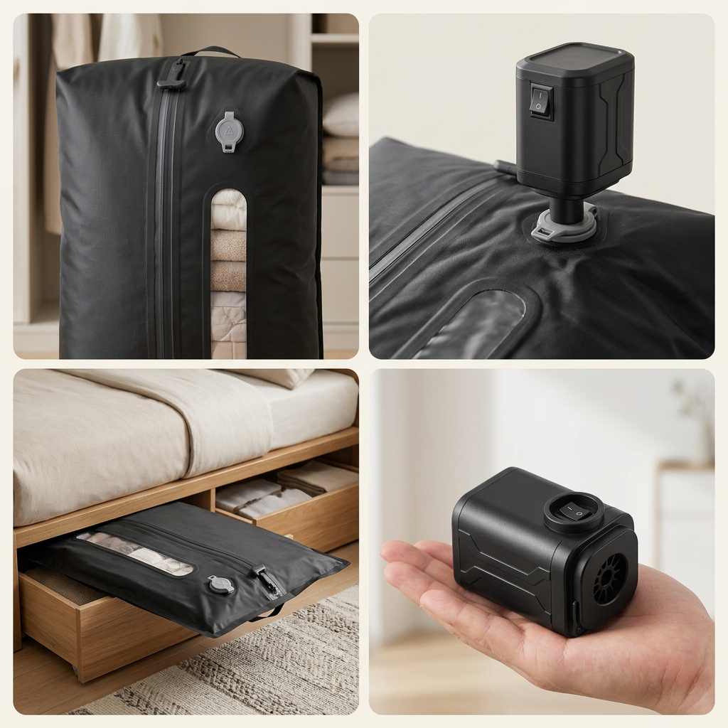 Compressed bag stored under a bed