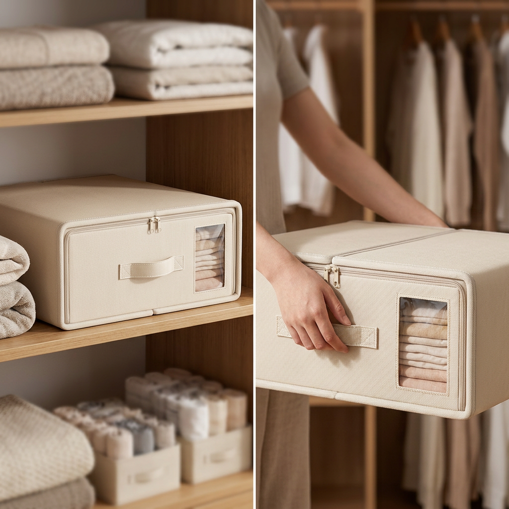 COLOUR:Beige zipper - storage bag on a wardrobe shelf filled with folded bedding
