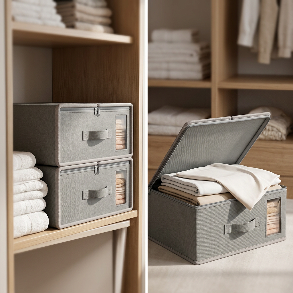 COLOUR:Grey zipper - two bags stacked in a linen cupboard