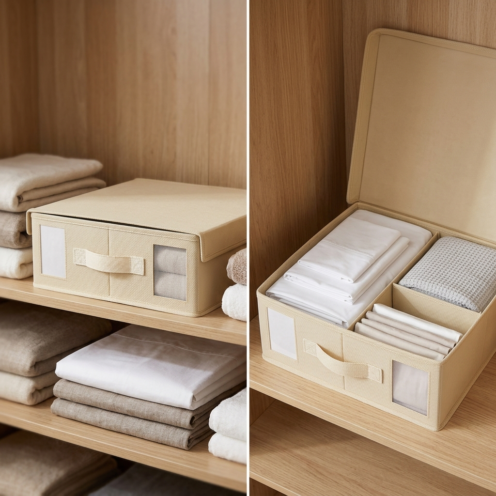 COLOUR:Beige A - bed sheet organiser on a shelf with sheets sorted into compartments