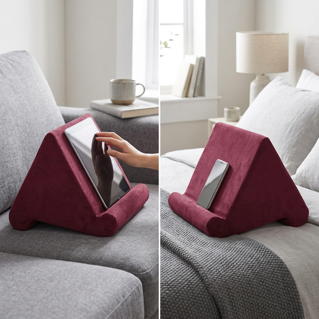 COLOUR:Wine Red - holder on a bed with a phone propped in the groove