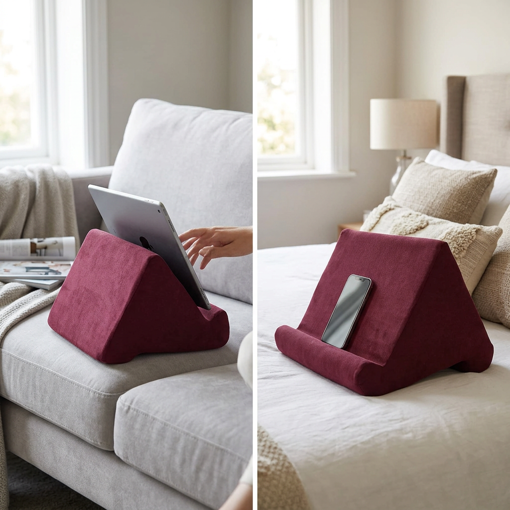 COLOUR:Wine Red - pillow tablet holder on a sofa holding a tablet at reading angle