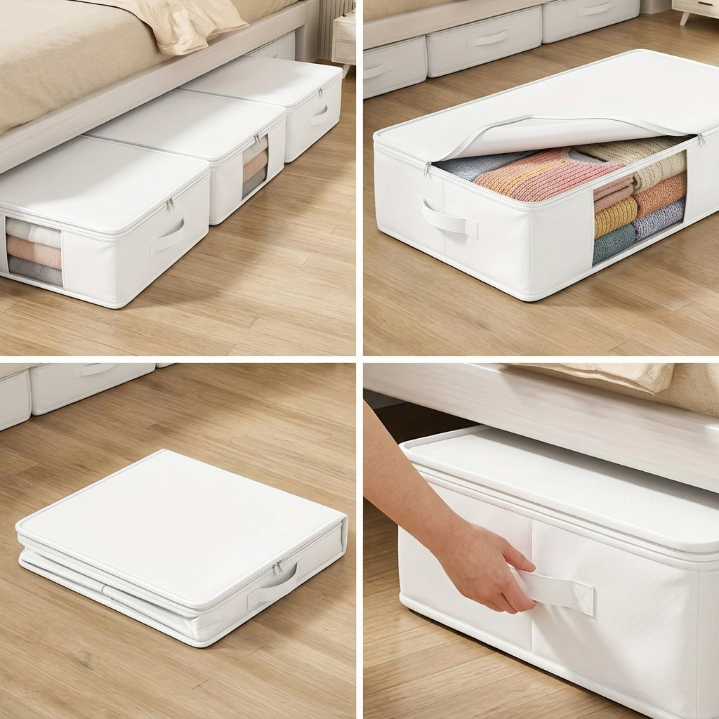 Storage box open showing folded clothes through the window panel