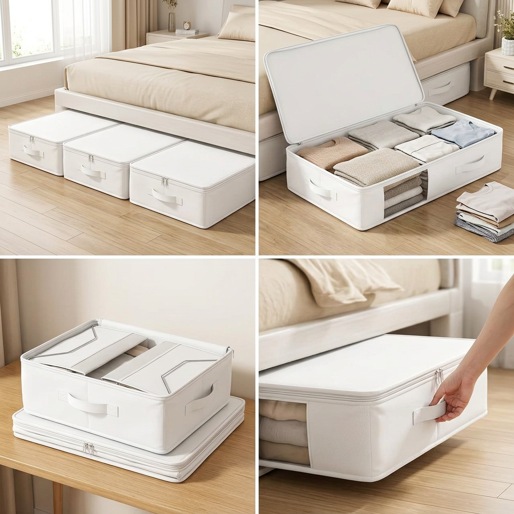 Three foldable storage boxes lined up under a bed