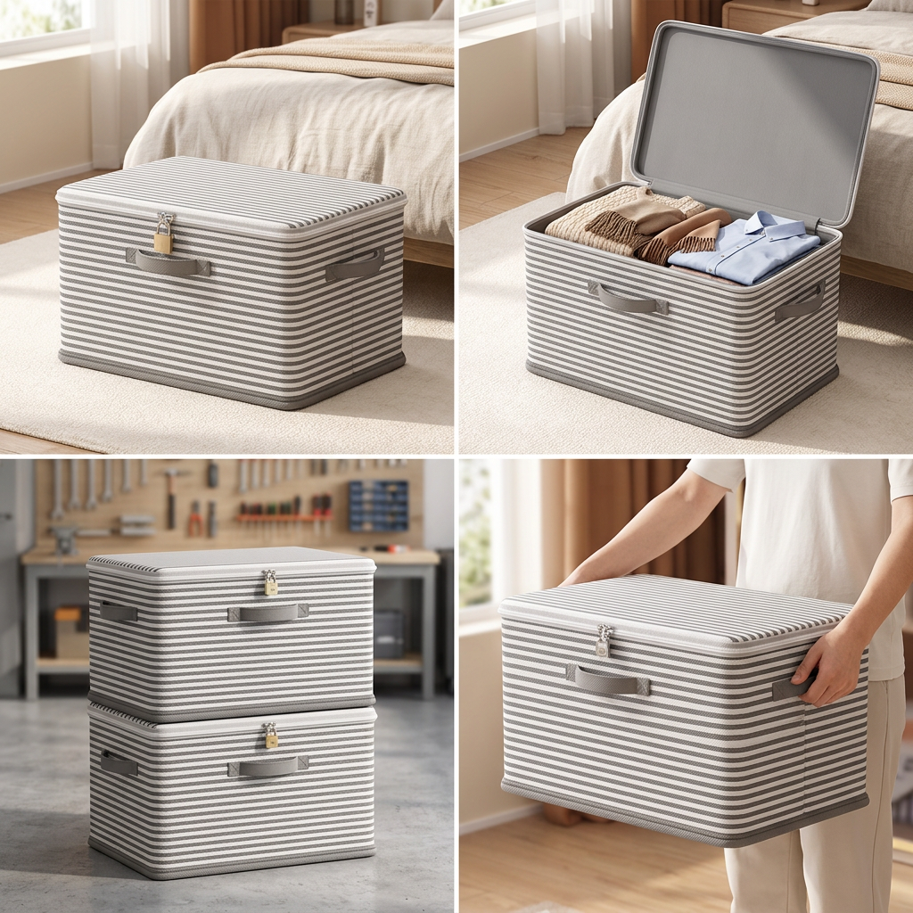 Lockable storage box closed with a padlock fitted
