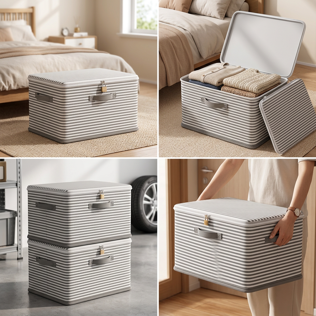 Storage box lid open showing clothes stored inside