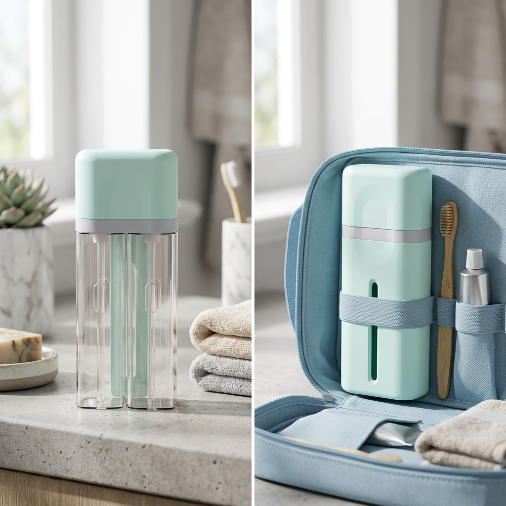 COLOUR:Light blue - travel dispenser on a bathroom counter beside folded towels