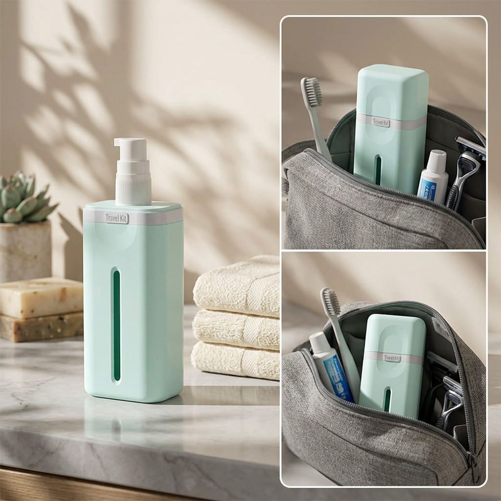 COLOUR:Light blue - dispenser packed upright in a toiletry bag