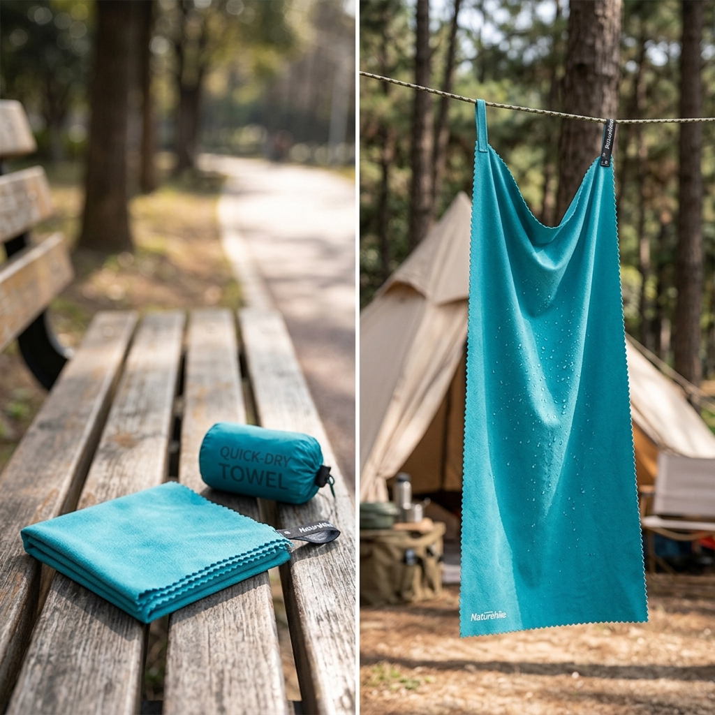 COLOUR:Towel 40x80cm Blue - towel hanging to dry at a campsite
