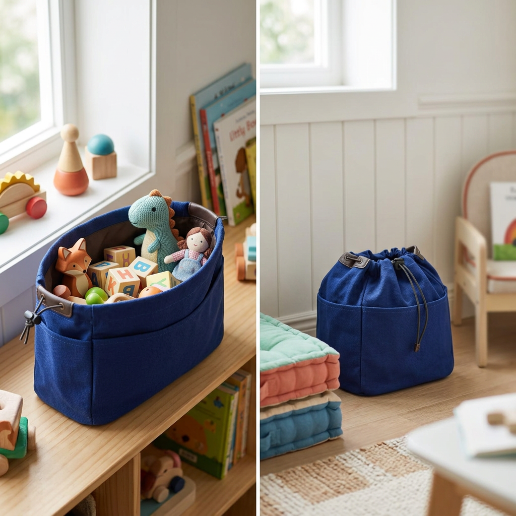 COLOUR:Blue - organiser drawn closed in a corner of a child's room