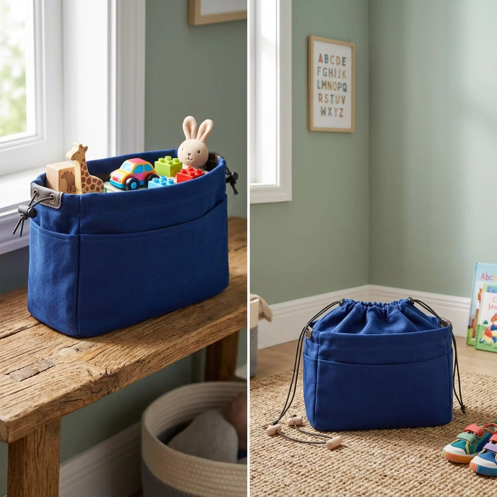 COLOUR:Blue - canvas organiser open on a shelf holding toys