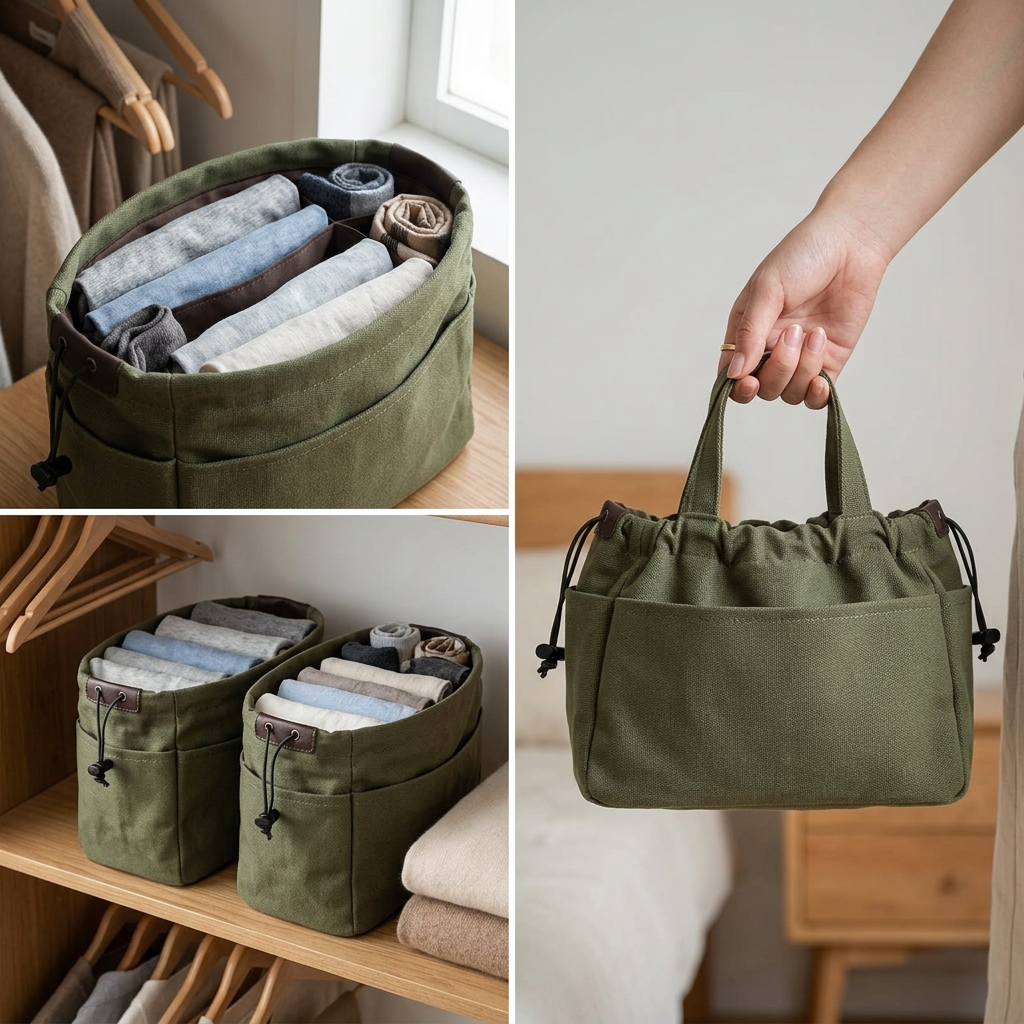 COLOUR:Green - organiser held by the drawstring showing the size