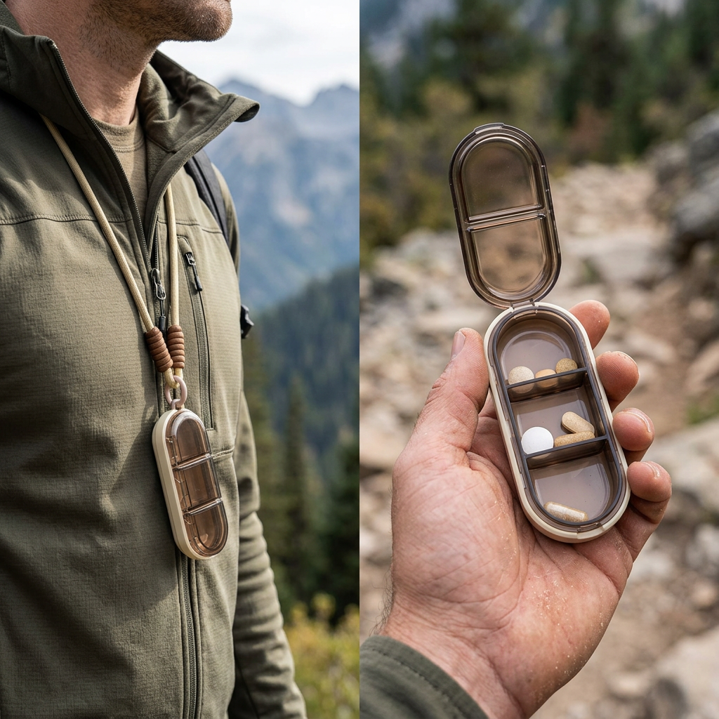 COLOUR:Brown beige color - pill case worn around a neck on a hike