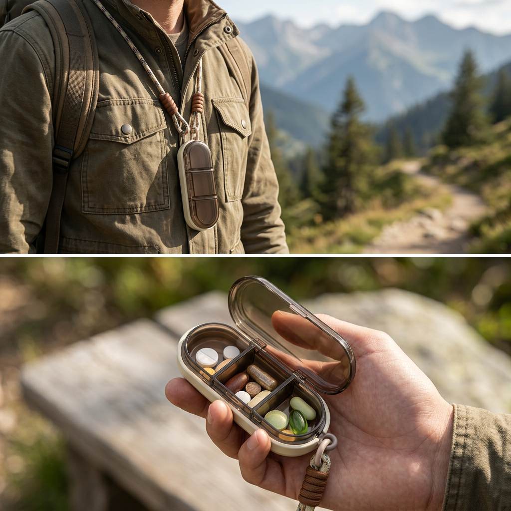 COLOUR:Brown beige color - pill case open in a hand showing the three compartments