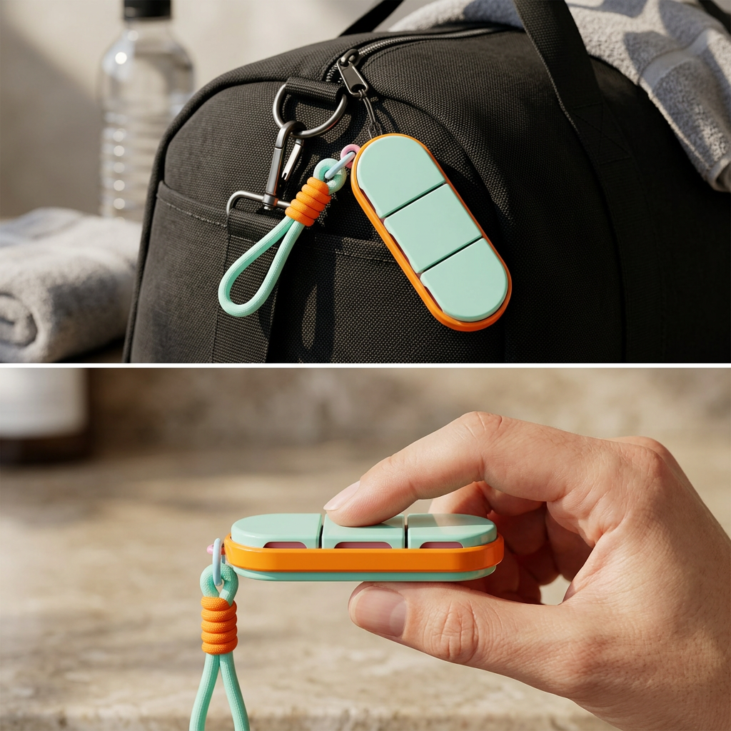 COLOUR:Green-Orange - pill case held between fingers showing how compact it is