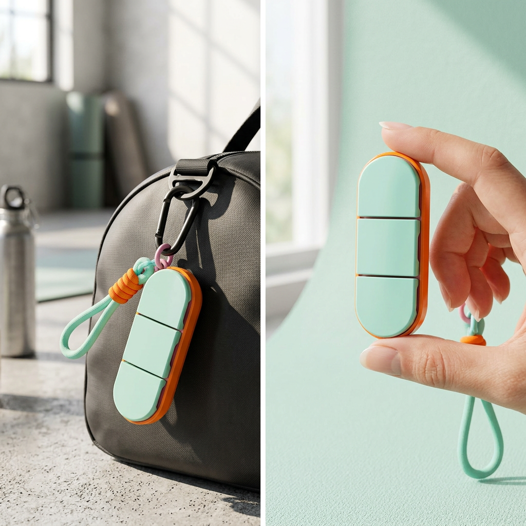 COLOUR:Green-Orange - pill case clipped to a gym bag