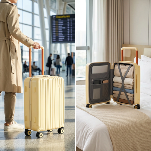 COLOUR:Lark Yellow - suitcase open on a hotel bed showing the packed interior