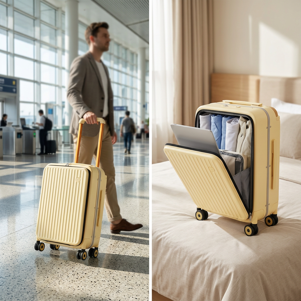 COLOUR:Lark Yellow - carry-on suitcase wheeled through a bright airport terminal