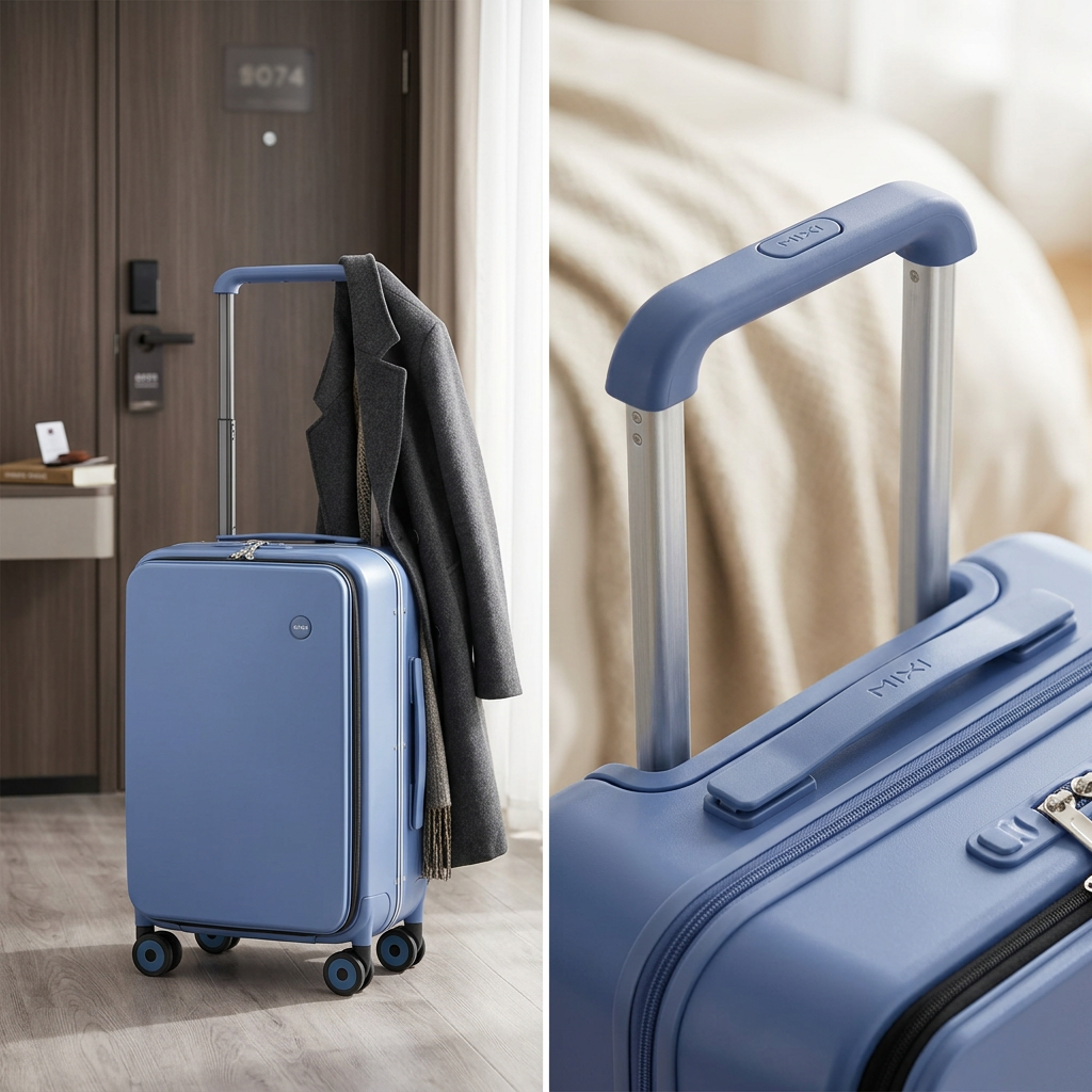 COLOUR:Blue - suitcase standing beside a hotel room door with a coat over the handle