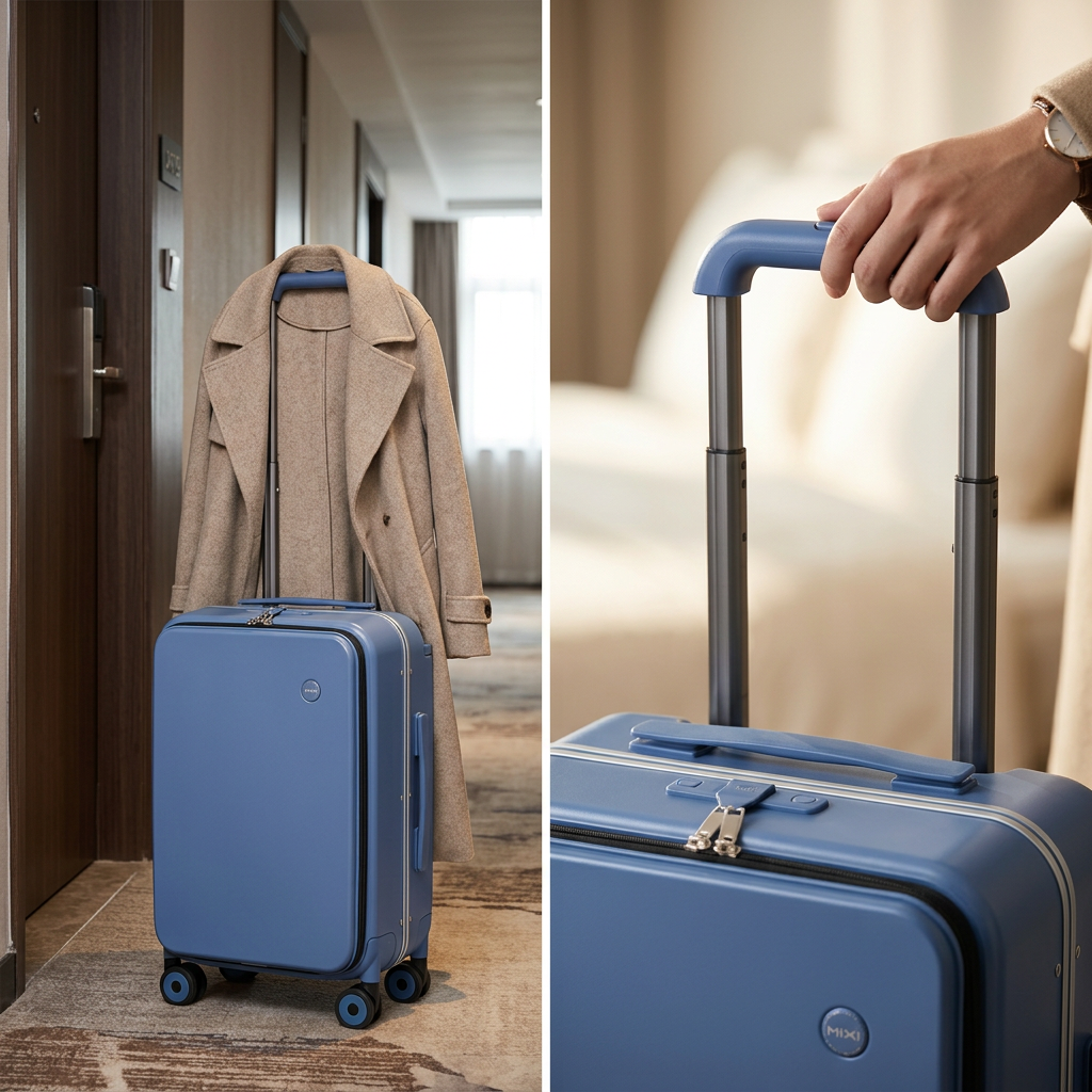 COLOUR:Blue - close view of the wide top handle and telescopic handle