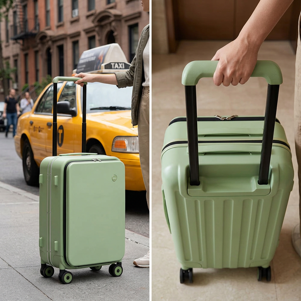 COLOUR:Avocado Green - suitcase viewed from above showing the wide handle grip