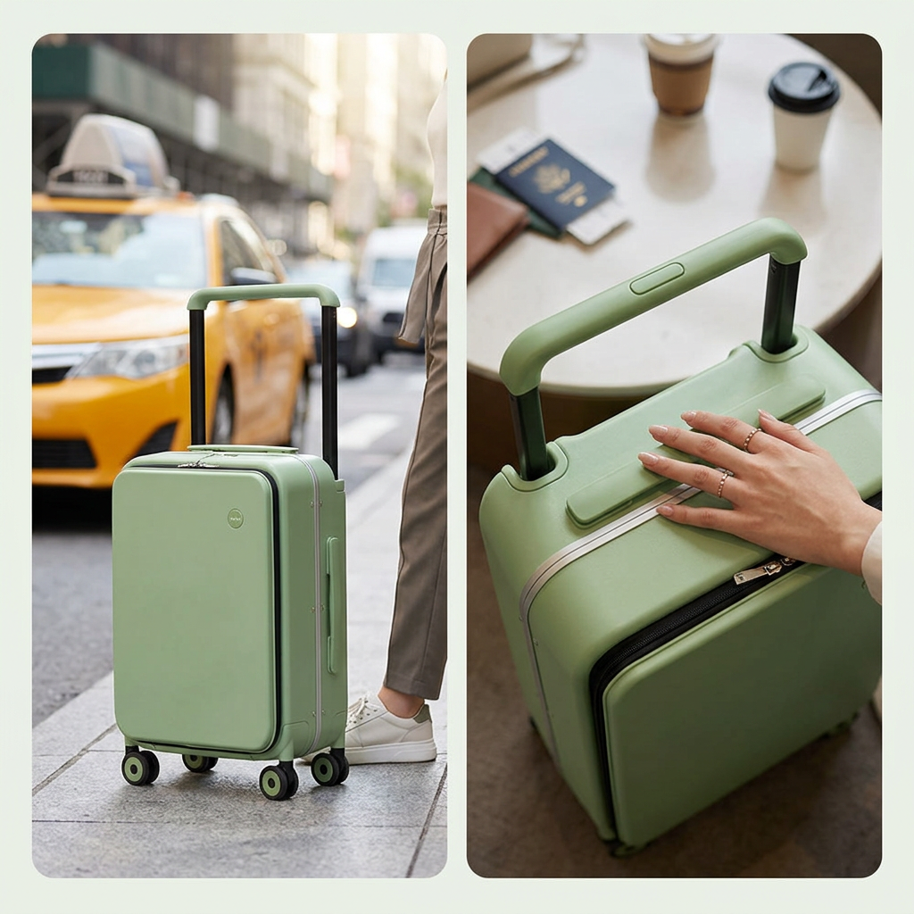 COLOUR:Avocado Green - suitcase standing on a city street beside a taxi