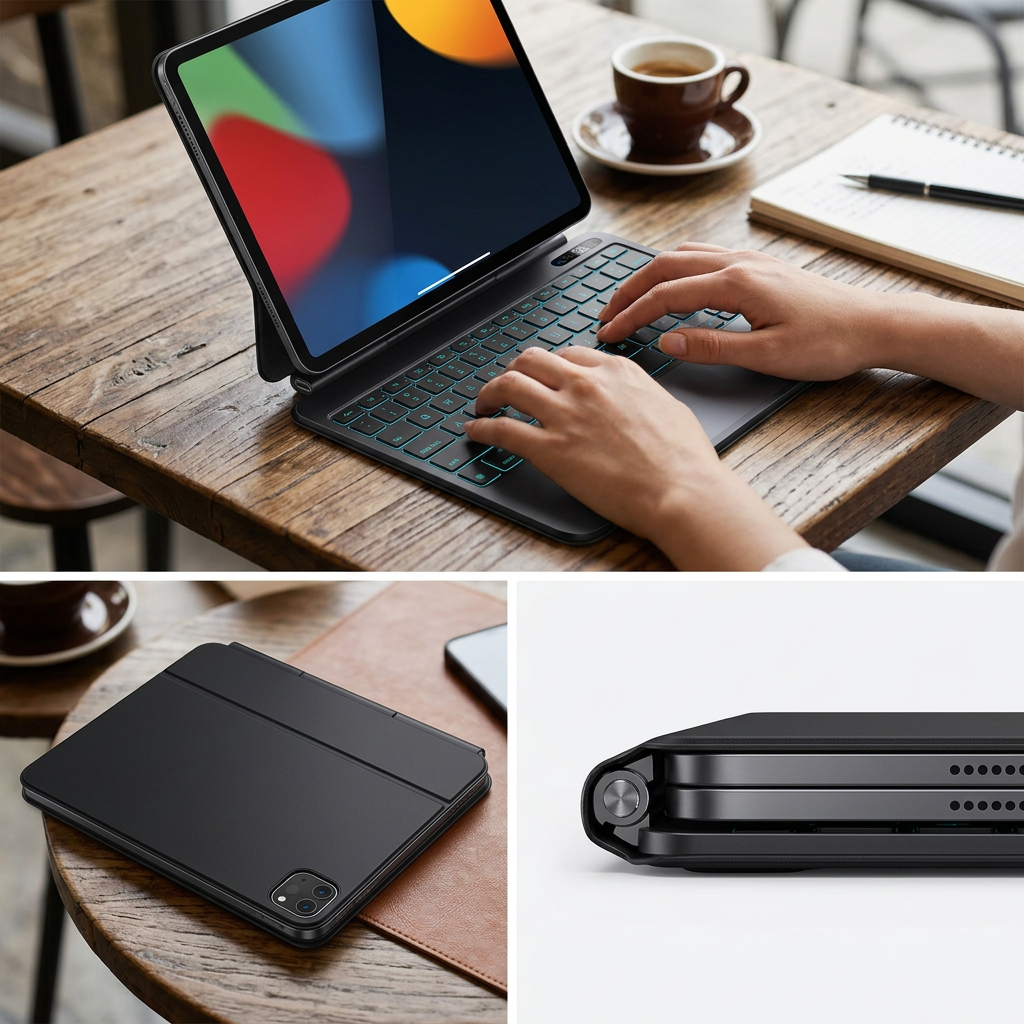 COLOUR:Black - iPad docked in the keyboard on a cafe table being typed on