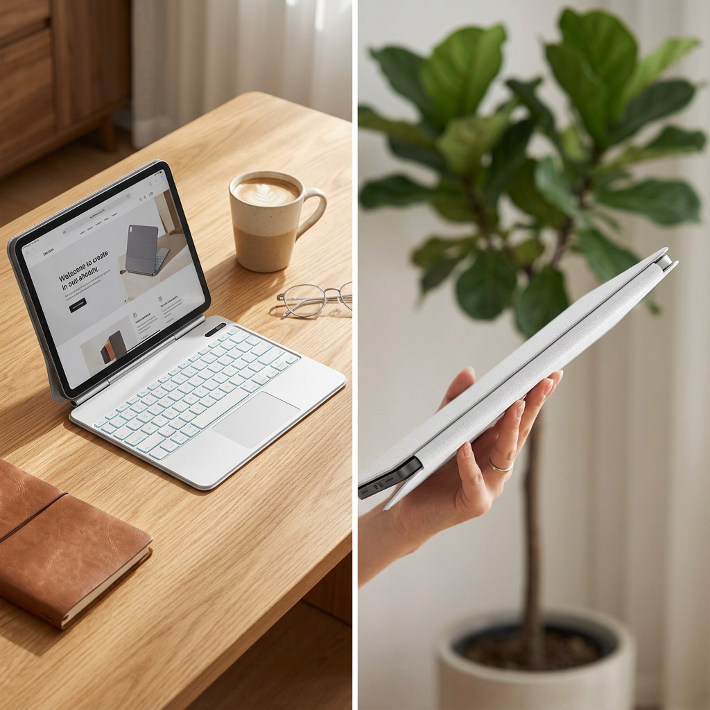 COLOUR:White Korean - iPad docked in the white keyboard on a bright desk
