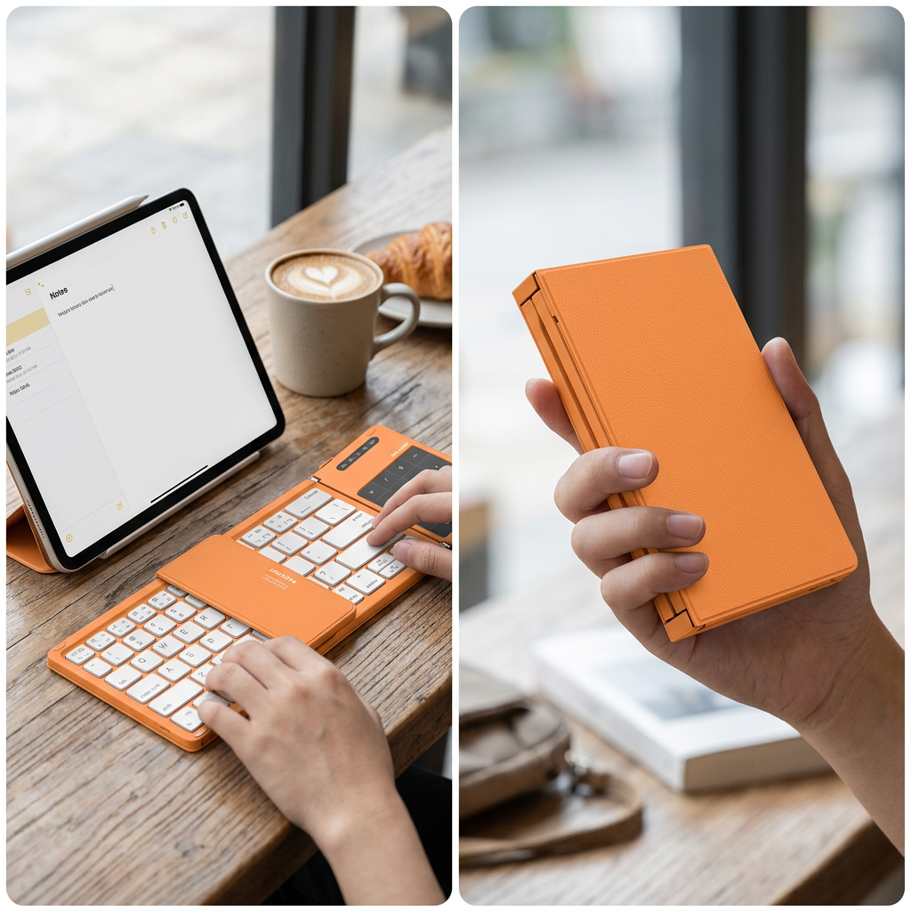 COLOUR:Orange - foldable keyboard unfolded on a cafe table paired with a tablet