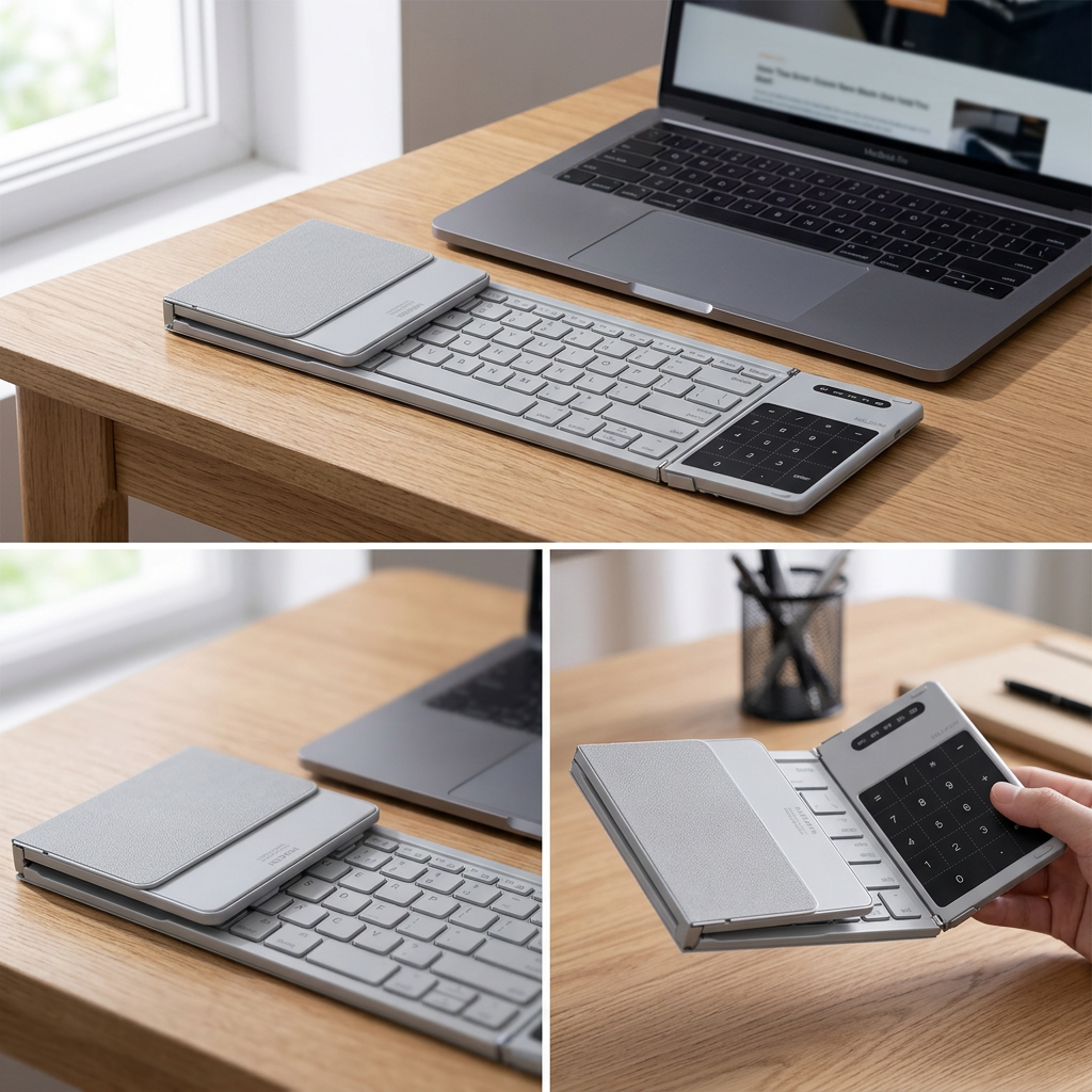 COLOUR:Grey - keyboard partly folded showing the hinge mechanism