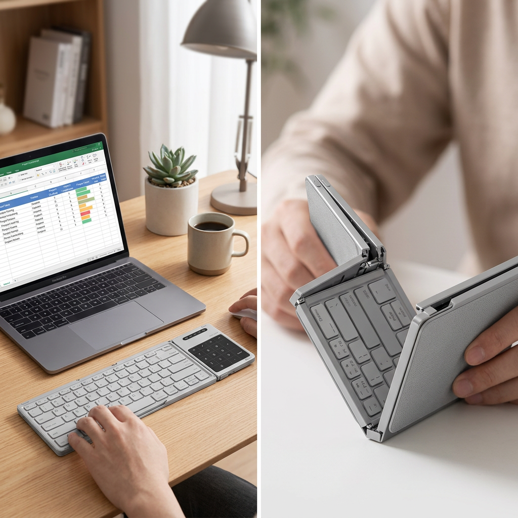 COLOUR:Grey - foldable keyboard unfolded on a desk beside a laptop