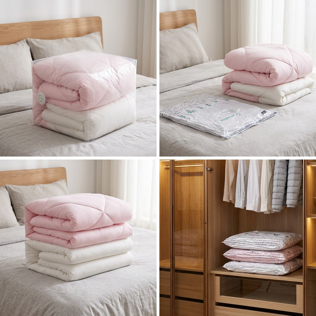Compressed vacuum bags stacked in a wardrobe