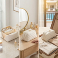 COLOUR:white - makeup organiser open on a bathroom counter with cosmetics inside