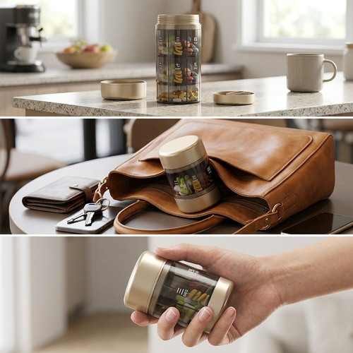 COLOUR:Coffee - 7-day pill organiser open with tablets sorted into the days