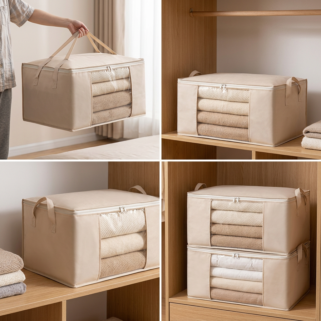 COLOUR:Large Beige - two storage bags stacked in a cupboard