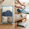 No-pump vacuum bag filled with winter clothes before rolling