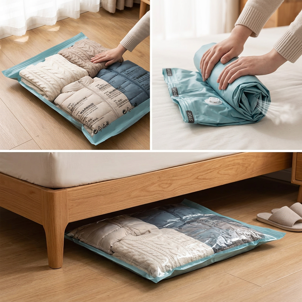 Flattened vacuum bag stored under a bed