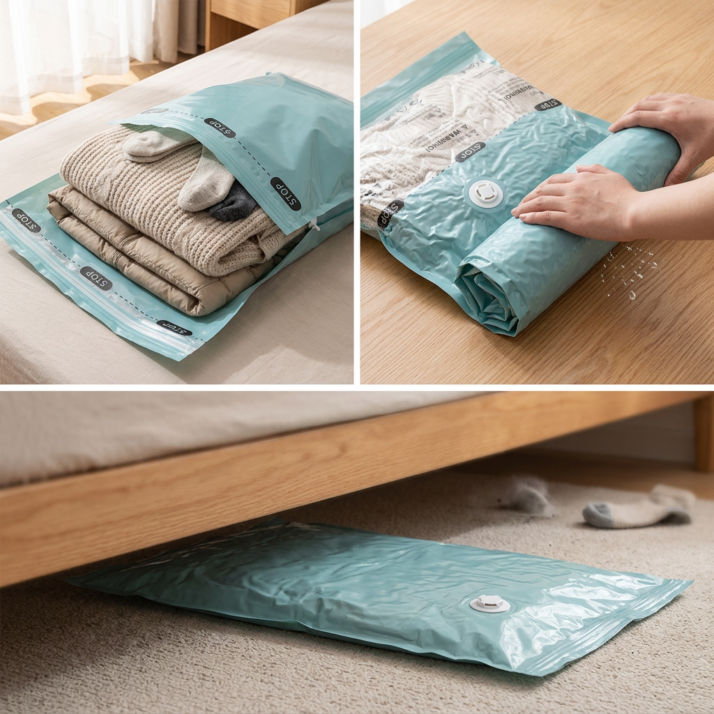 Bag being rolled by hand to expel air