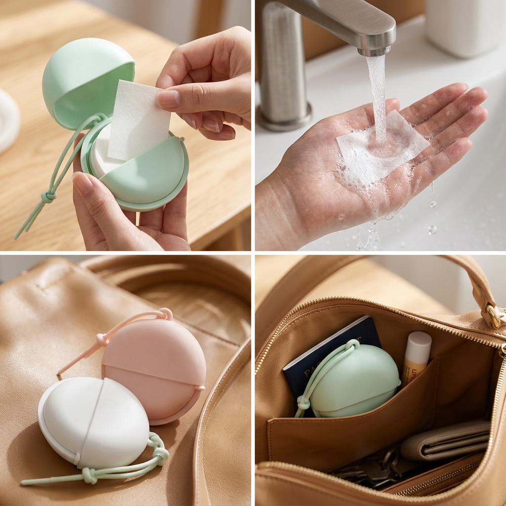 Soap sheet case tucked in a handbag pocket