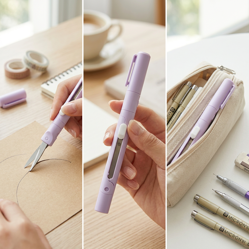 COLOUR:Purple - cutter held in a hand showing the pen shape closed