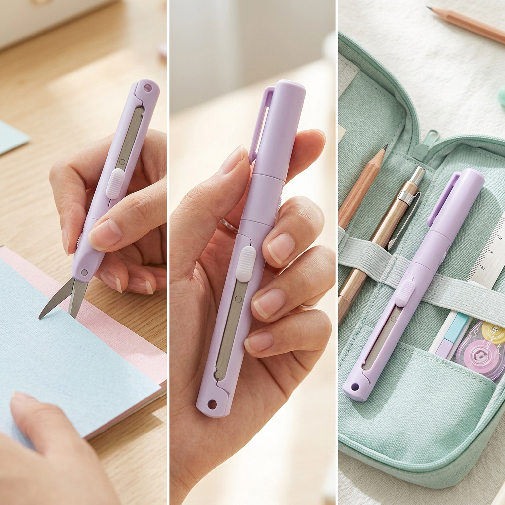 COLOUR:Purple - pen-shaped mini scissors in use cutting paper on a desk