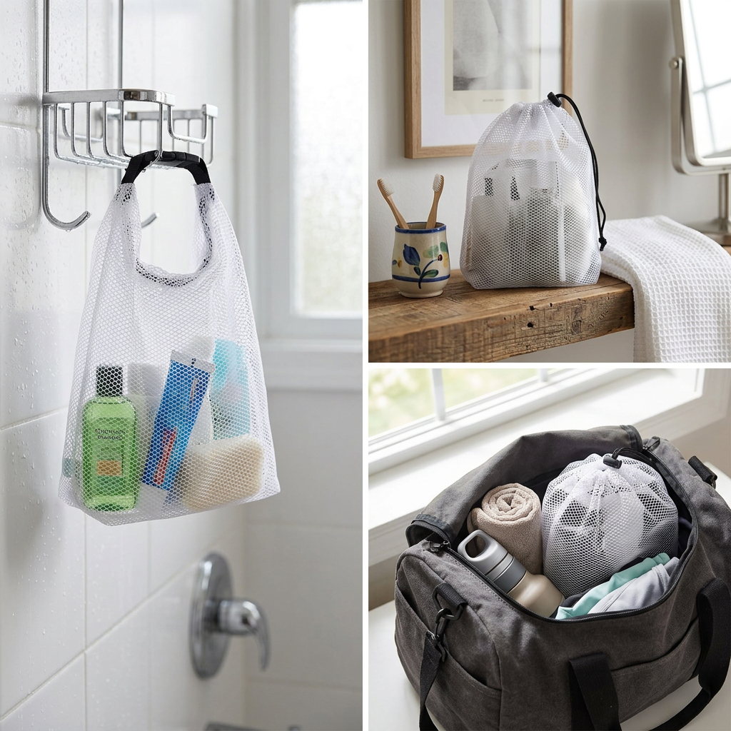 COLOUR:S-WHITE - mesh toiletry bag hanging in a shower with toiletries visible