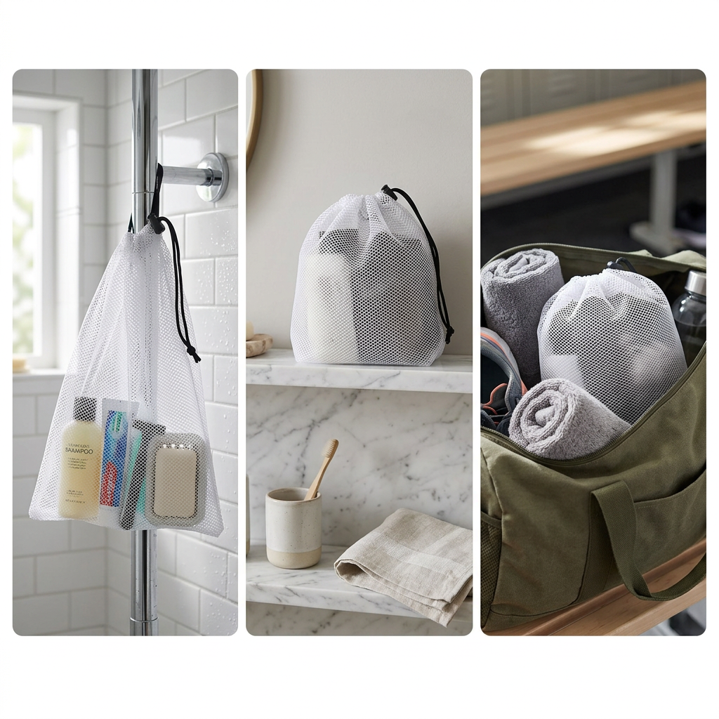 COLOUR:S-WHITE - mesh bag drawn closed on a bathroom shelf