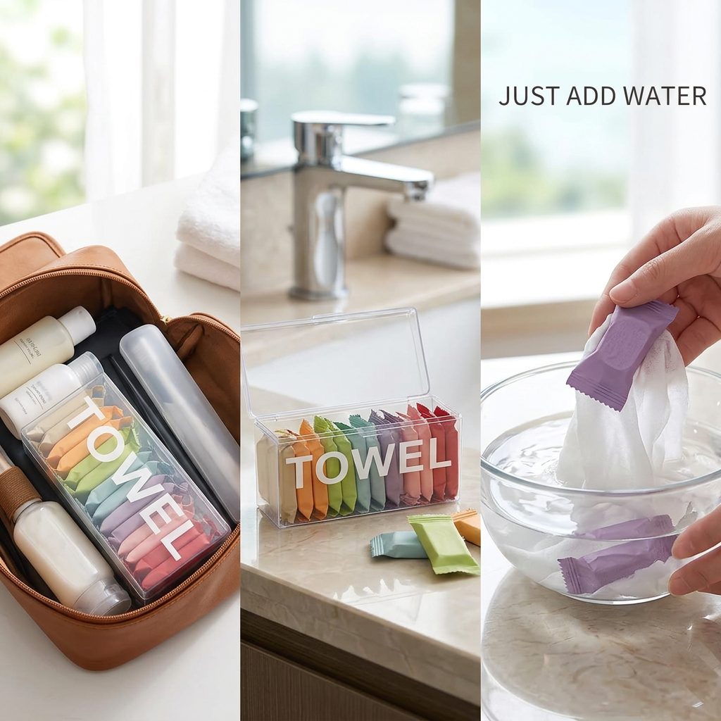 Compressed tablet expanding into a towel in a bowl of water