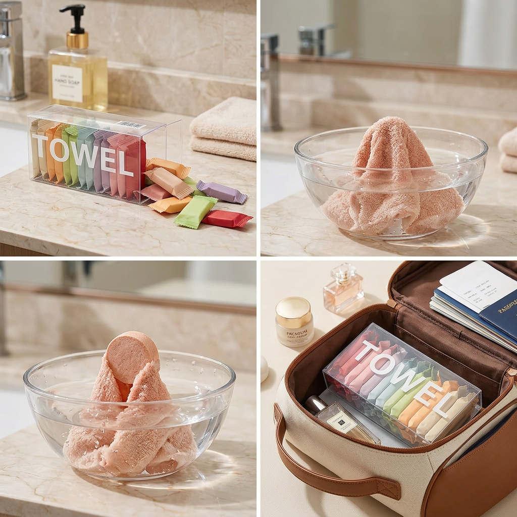 Washcloth box packed in a travel bag